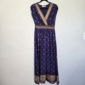 Lapogee Navy‎ Indian Stencil Maxi Dress Women's M Boho Artsy Eclectic Pockets